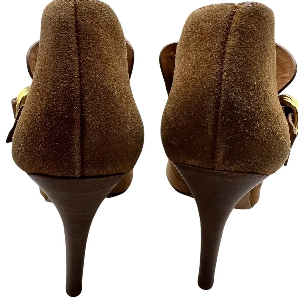 Tory Burch Womens Belen 9.5 Suede Stiletto Ankle Boots Booties Tan Camel Buckles